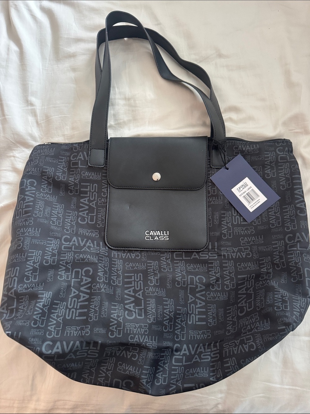 Cavalli Class Black Logo-Print Tote with Front Pocket